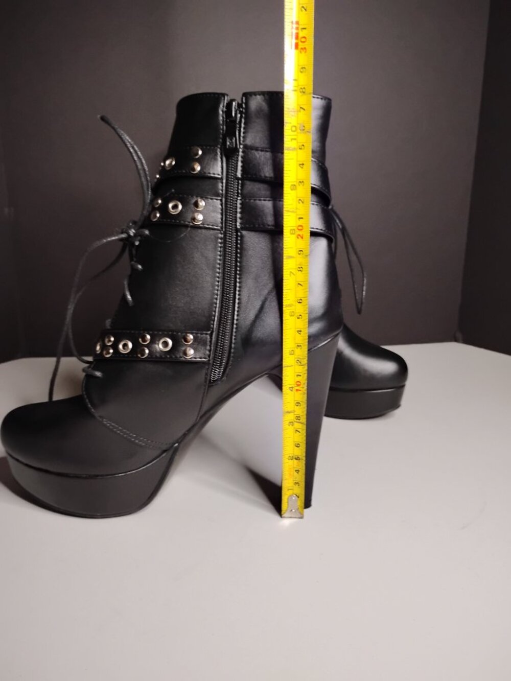 Women Studded Belt Buckle Chunky High Heel Ankle Combat Boots Faux Leather Sz44 - Picture 12 of 12